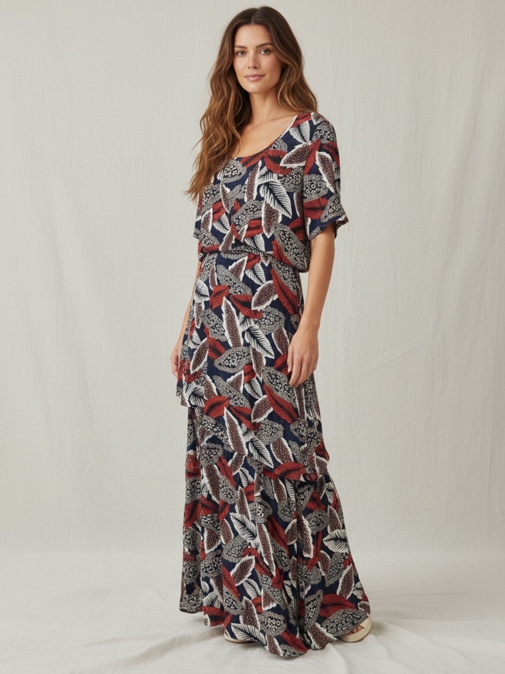 ETWO Tropical Leaf Maxi Dress - Red & Turquoise Boho Rayon - Size L